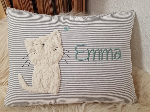 Kissen Taufkissen Katze Kätzchen Streifen grau Schrift mint & Wunschnamen W1460