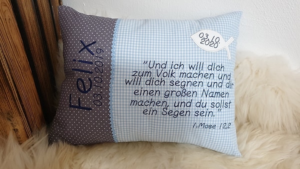 Taufkissen Kissen Taufspruch Spruch Fisch graue Punkte hellblau Karo & Wunschnamen W1202