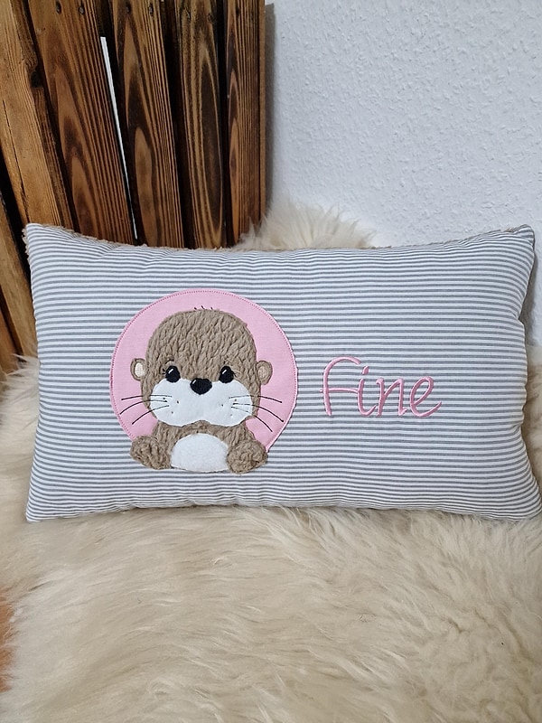Kissen Taufkissen Otter Streifen grau rosa & Wunschnamen W1590