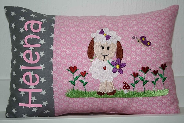 Kissen Schaf Schäfchen graue Sterne rosa kleine Blumen & Wunschnamen W969
