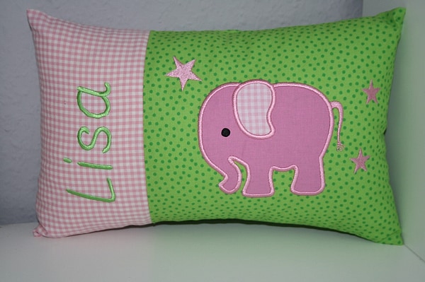 Kissen Elefant rosa Karo Punkte grün W & Wunschnamen W1242