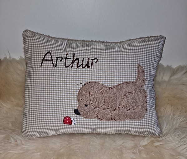Kissen Taufkissen Hund Marienkäfer beige Karo & Wunschnamen W847