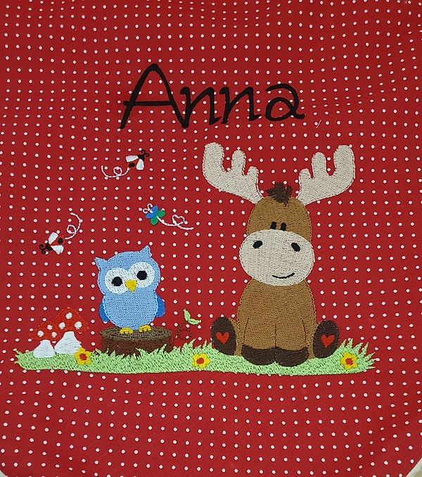 Babydecke Decke Kuscheldecke Elch, Eule Punkte rot & Wunschnamen W68