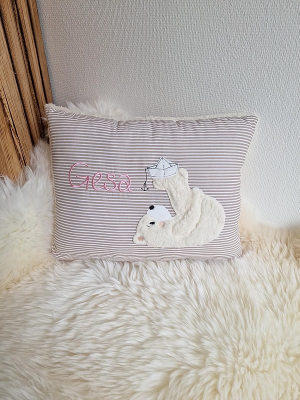 Kissen Bär Eisbär Teddy Boot Streifen beige (kräftig) Schrift rosa & Wunschnamen W1830