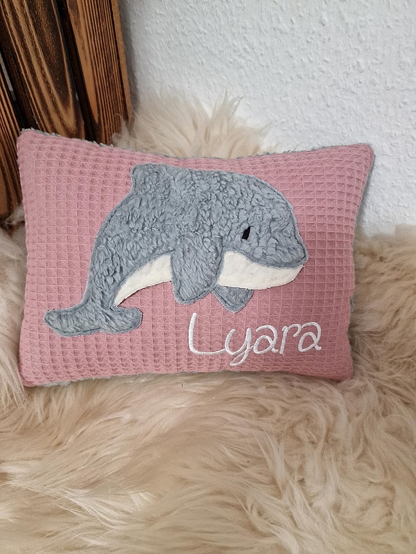 Kissen Taufkissen Delfin altrosa Waffel & Wunschnamen W1636