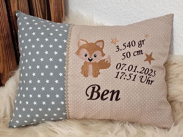 Kissen Geburtskissen Fuchs Sterne grau Punkte hellbeige beige & Wunschnamen W1701