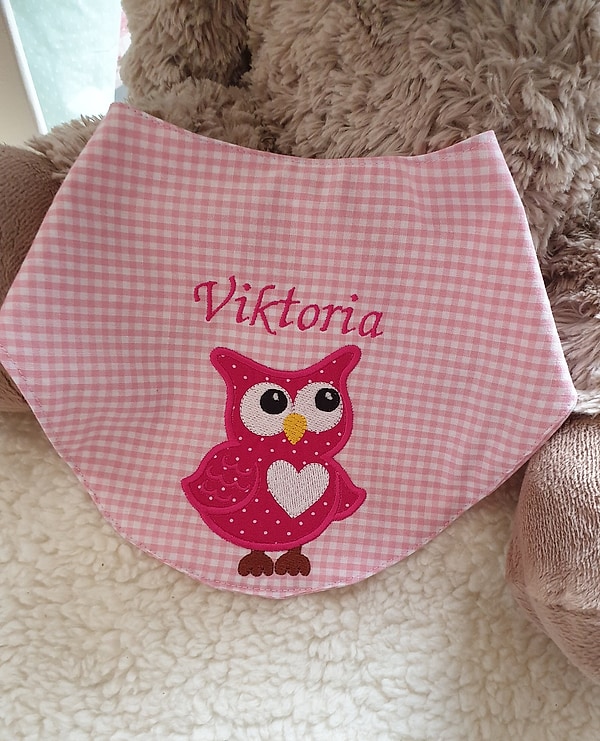 Halstuch Lätzchen Eule mit Herz rosa pink mit Namen W248