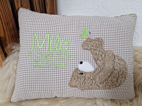 Kissen Taufkissen Bär Teddy Schmetterling beige Karo apfelgrüne Schrift & Wunschnamen W1594