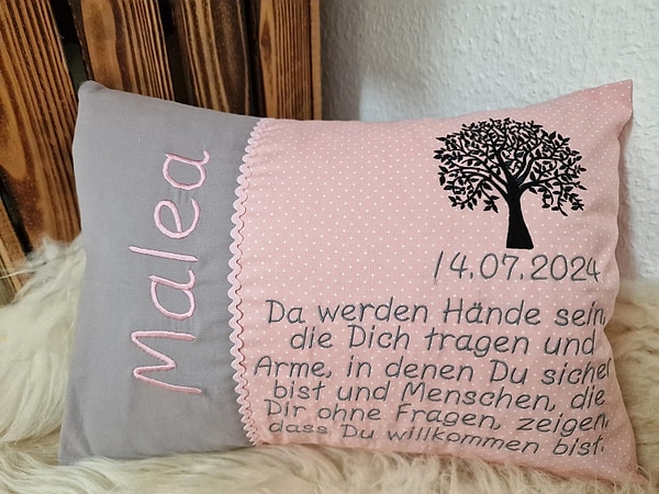 Taufkissen Kissen Taufspruch Spruch Lebensbaum grau rosa & Wunschnamen W1210