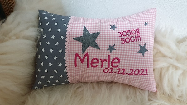 Kissen 5 Sternen grau rosa & Wunschnamen W1252