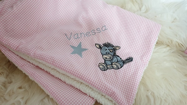 Babydecke Decke Kuscheldecke Esel Stern rosa Karo & Wunschnamen W55