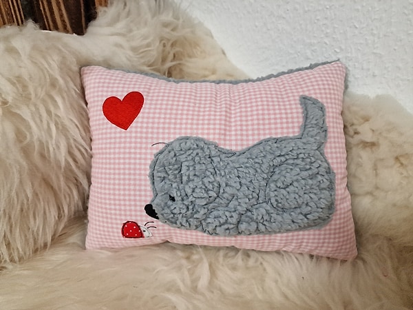 Kissen Taufkissen Hund Marienkäfer grau rosa Karo & Wunschnamen W935