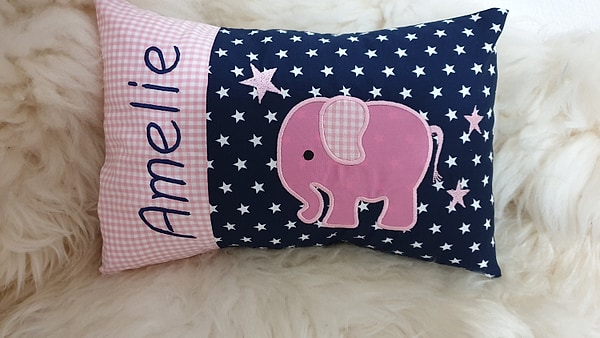 Kissen Elefant Karo rosa Sterne dunkelblau & Wunschnamen W842