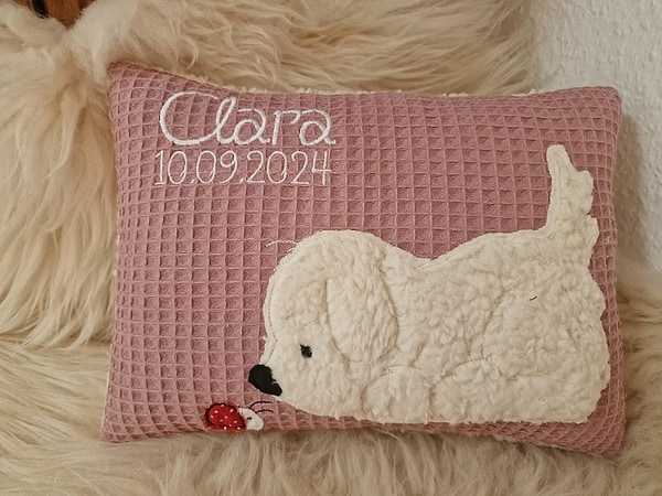 Kissen Taufkissen Hund Marienkäfer altrosa Waffel & Wunschnamen W1492
