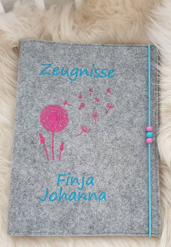 Zeugnismappe Pusteblume pink türkis Wollfilz mit Namen W114