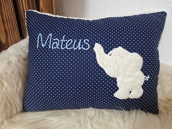 Kissen Taufkissen Elefant dunkelblaue Punkte & Wunschnamen #2 W717