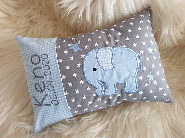Kissen Elefant hellblau graue Sterne & Wunschnamen W833