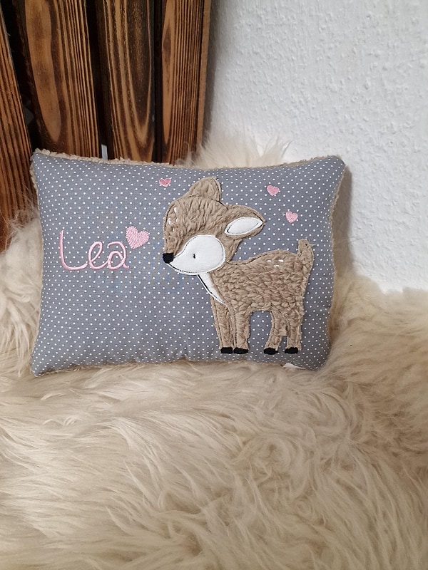 Kissen Taufkissen Reh Kitz Punkte grau Plüsch & Wunschnamen W1660