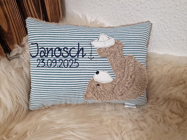 Kissen Taufkissen Bär Teddy Boot petrol Streifen & Wunschnamen W1745