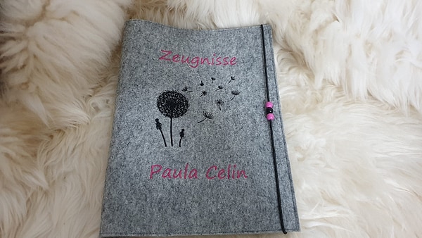 Zeugnismappe Pusteblume schwarz pink Wollfilz mit Namen W94