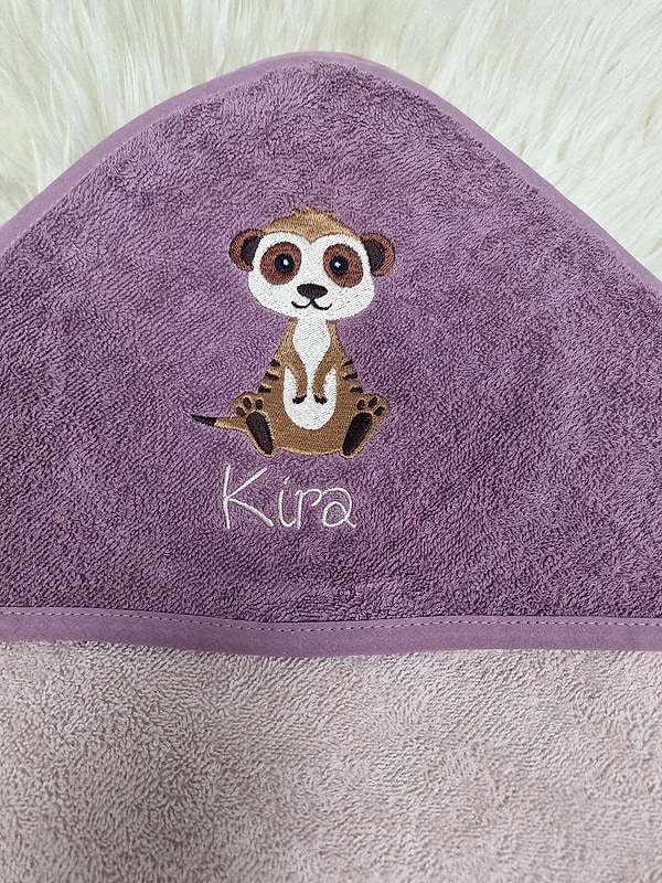 Babybadetuch Kapuzenhandtuch Erdmännchen Mauve rosa Schrift & Wunschname W1708