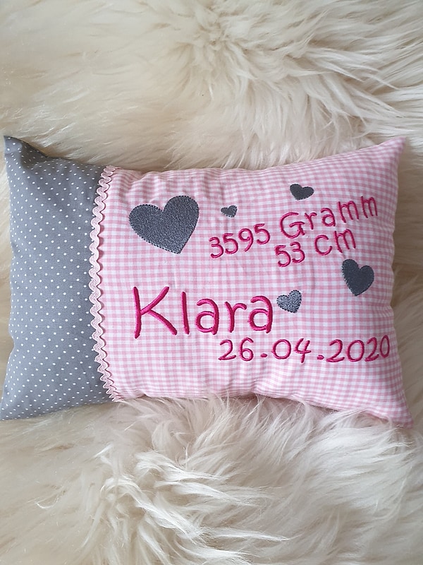 Kissen viele Herzen grau rosa  & Wunschnamen W1423