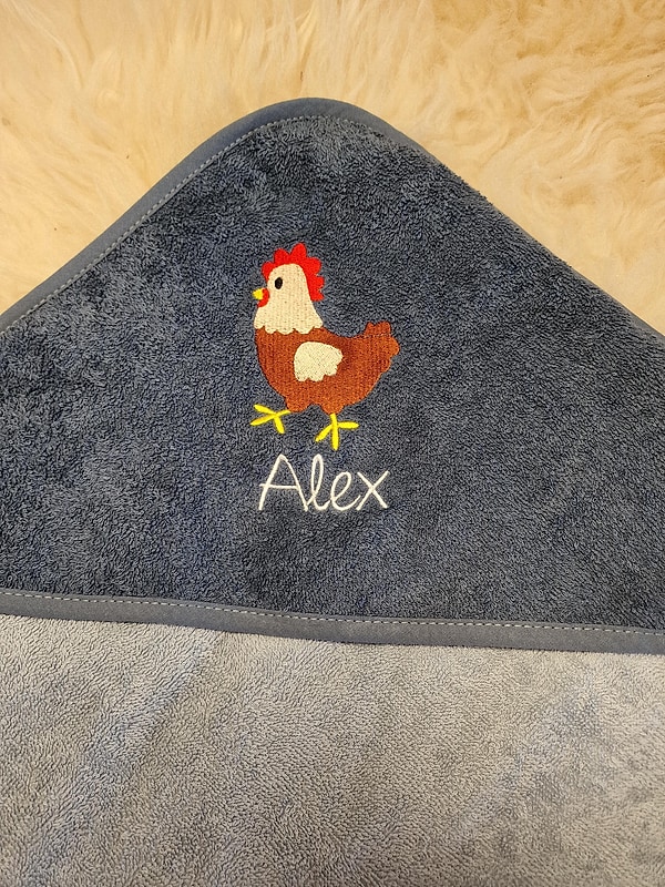 Babybadetuch Kapuzenhandtuch Huhn stahlblau & Wunschname W1511