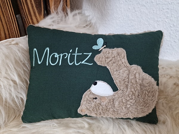 Kissen Taufkissen Bär Teddy Schmetterling uni dunkelgrün Schrift mint & Wunschnamen W933