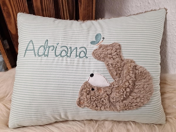 Kissen Taufkissen Bär Teddy Schmetterling mint Streifen (kräftig) & Wunschnamen W988