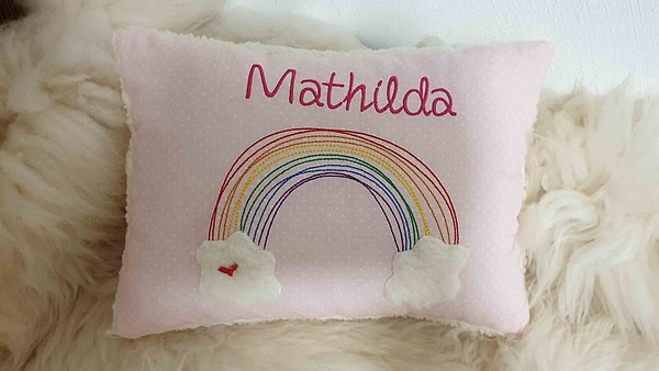 Kissen Taufkissen Regenbogen mit Herz rosa Punkte & Wunschnamen W749