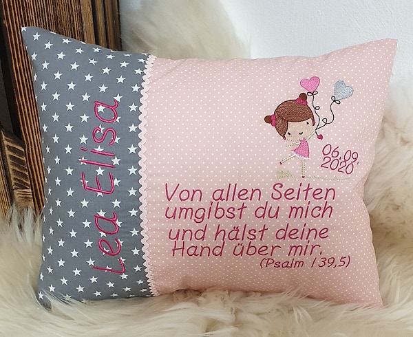 Taufkissen Kissen Taufspruch Spruch Mädchen Luftballons rosa Punkte & Wunschdaten W1381