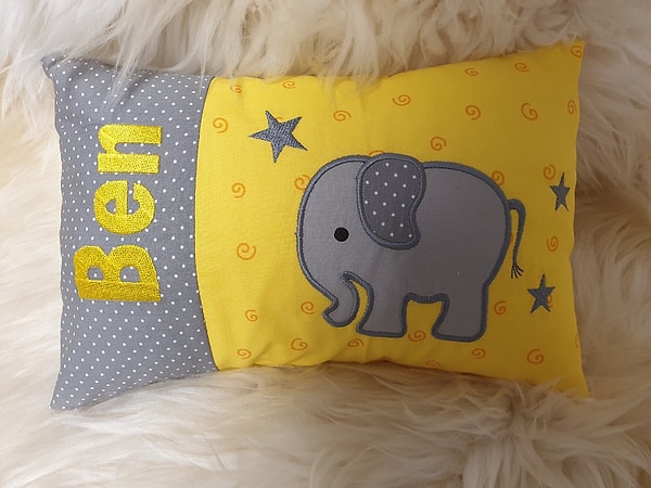 Kissen Elefant grau gelb & Wunschnamen W1059