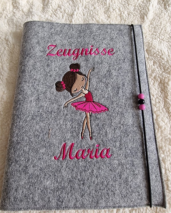 Zeugnismappe Ballerina Mädchen pink Wollfilz grau mit Namen W122