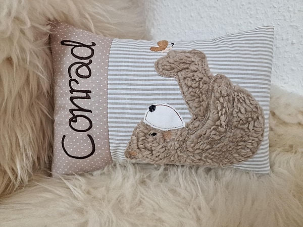 Kissen Taufkissen Bär Teddy Schmetterling Punkte hellbeige Streifen beige 2tl & Wunschnamen W748