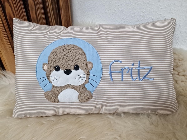 Kissen Taufkissen Otter Streifen beige & Wunschnamen W1591
