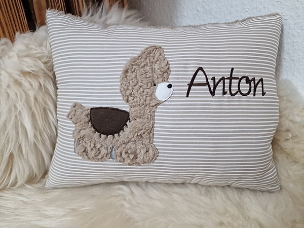 Kissen Taufkissen Alpaka beige Streifen & Wunschnamen W1085