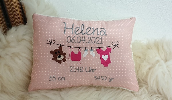 Taufkissen Geburtskissen Leine Bär Herz rosa Punkte & Wunschnamen W1254