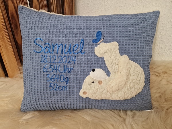 Kissen Taufkissen Bär Teddy Schmetterling jeansblauWaffel & Wunschnamen W1574