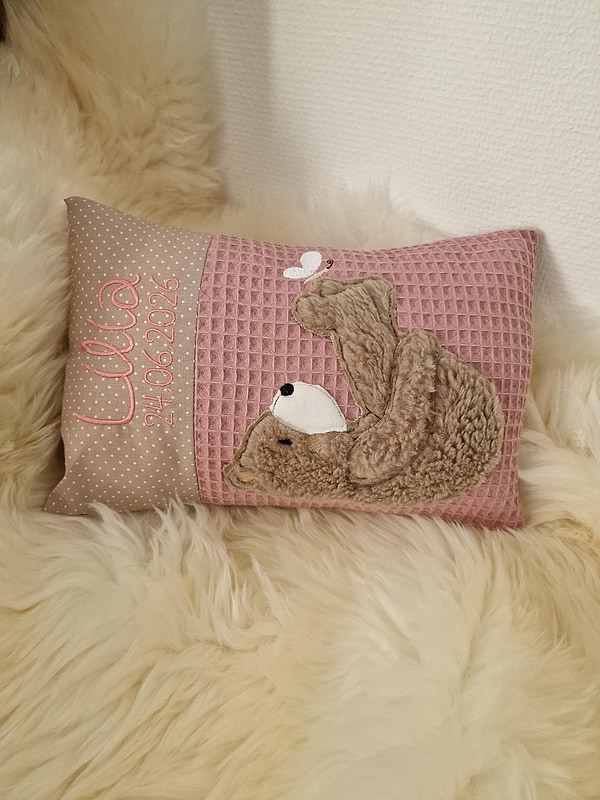 Kissen Taufkissen Bär Teddy Schmetterling Punkte hellbeige Waffel altrosa 2tl & Wunschnamen W1824