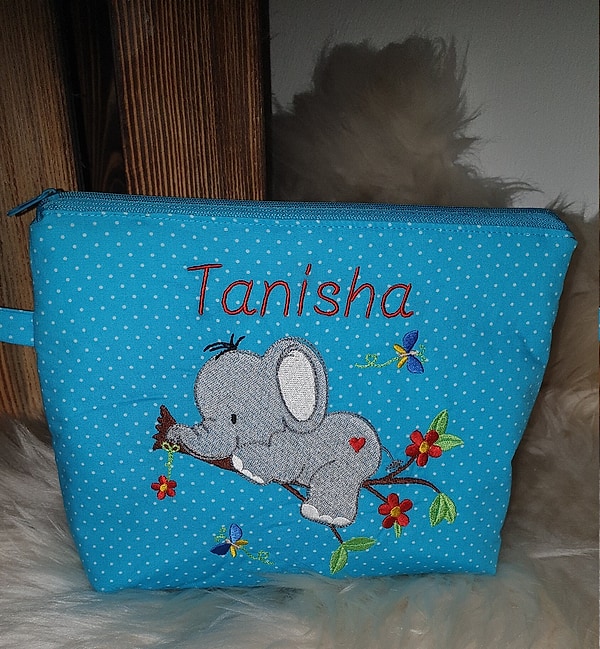 Windeltasche Kulturtasche Elefant auf dem Ast türkis mit Namen W182