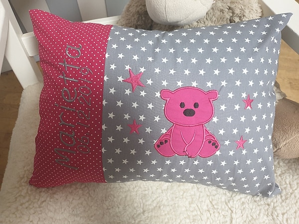 Kissen Bär Teddy pink Sterne grau & Wunschnamen W1153