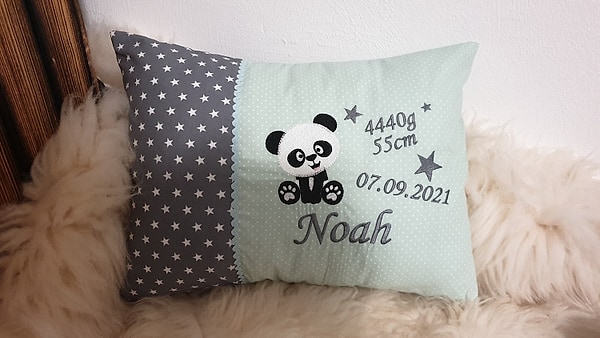 Kissen Geburtskissen Panda Pandabär Bär Sterne grau Punkte mint & Wunschnamen W1234