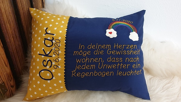Taufkissen Kissen Taufspruch Spruch Regenbogen Sterne senf dunkelblau & Wunschnamen W1207