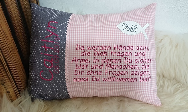 Taufkissen Kissen Taufspruch Spruch Fisch graue Punkte rosa Karo & Wunschnamen W1335