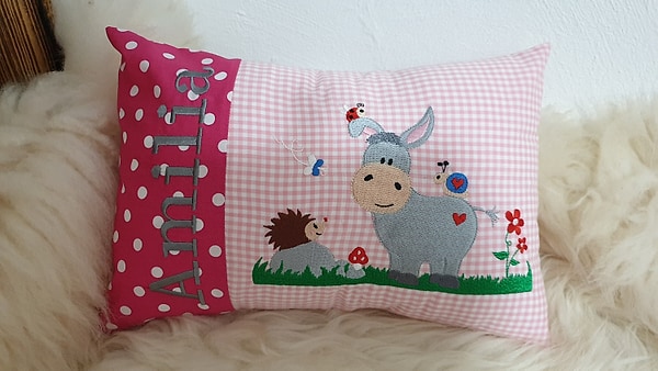 Kissen Esel Eselchen Igel Dots pink Karo rosa & Wunschnamen W1062