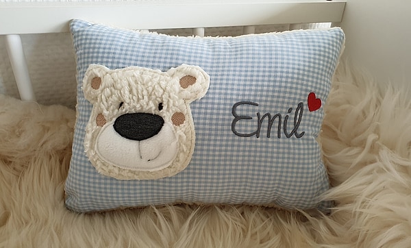 Kissen Taufkissen Bär Teddy Gesicht blau Karo & Wunschnamen W977