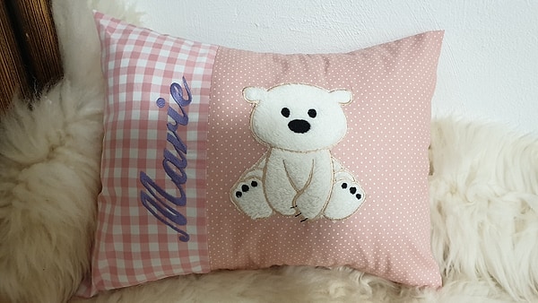 Kissen Bär Eisbär Karo rosa Punkte rosa & Wunschnamen W1299