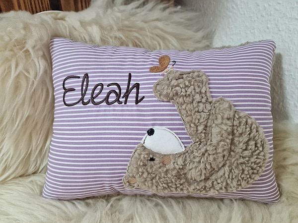 Kissen Taufkissen Bär Teddy Schmetterling flieder Streifen & Wunschnamen W878