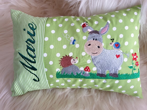 Kissen Esel mit Igelchen grün & Wunschnamen W997