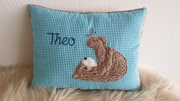 Kissen Taufkissen Bär Teddy Schmetterling türkis Karo & Wunschnamen W1260